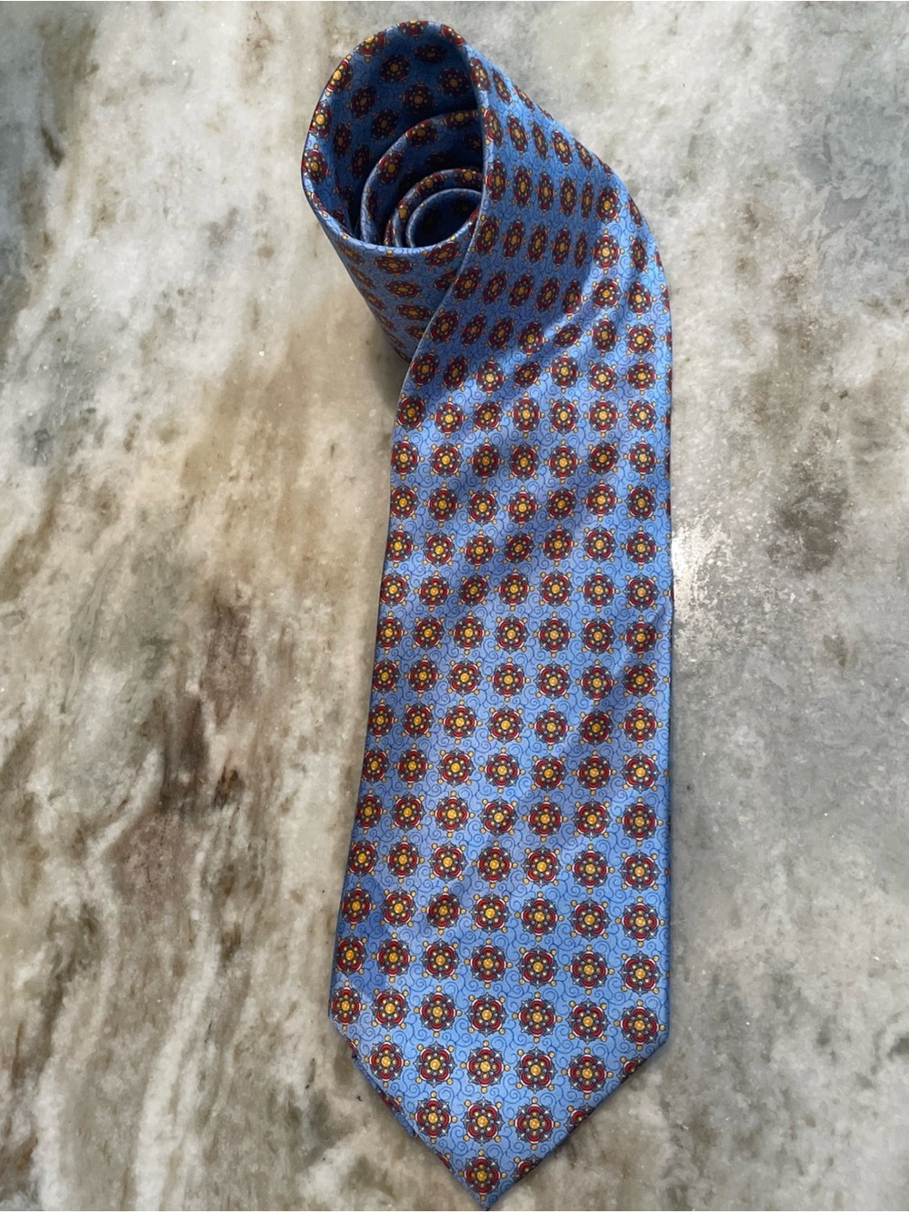 Faberge 100% Silk Powder Blue Gold And Red Necktie